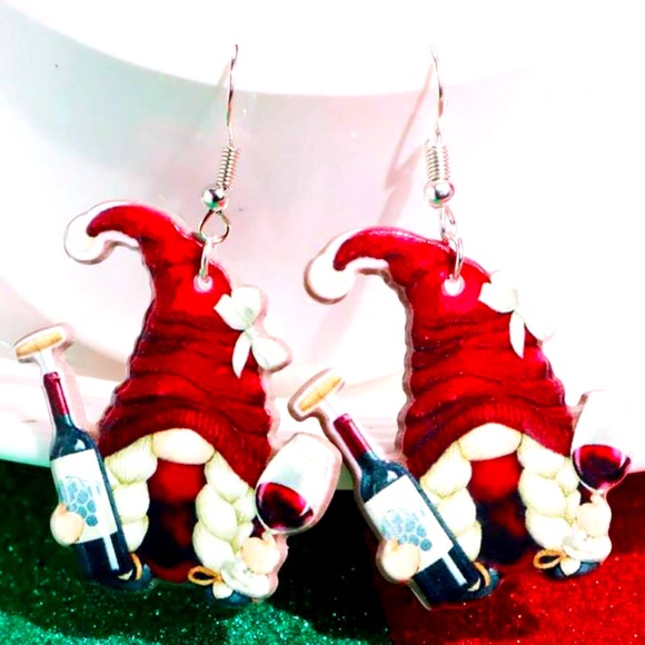 Jewelry - Girl gnome red wine bottle and glass 925 sterling silver hooks earrings
